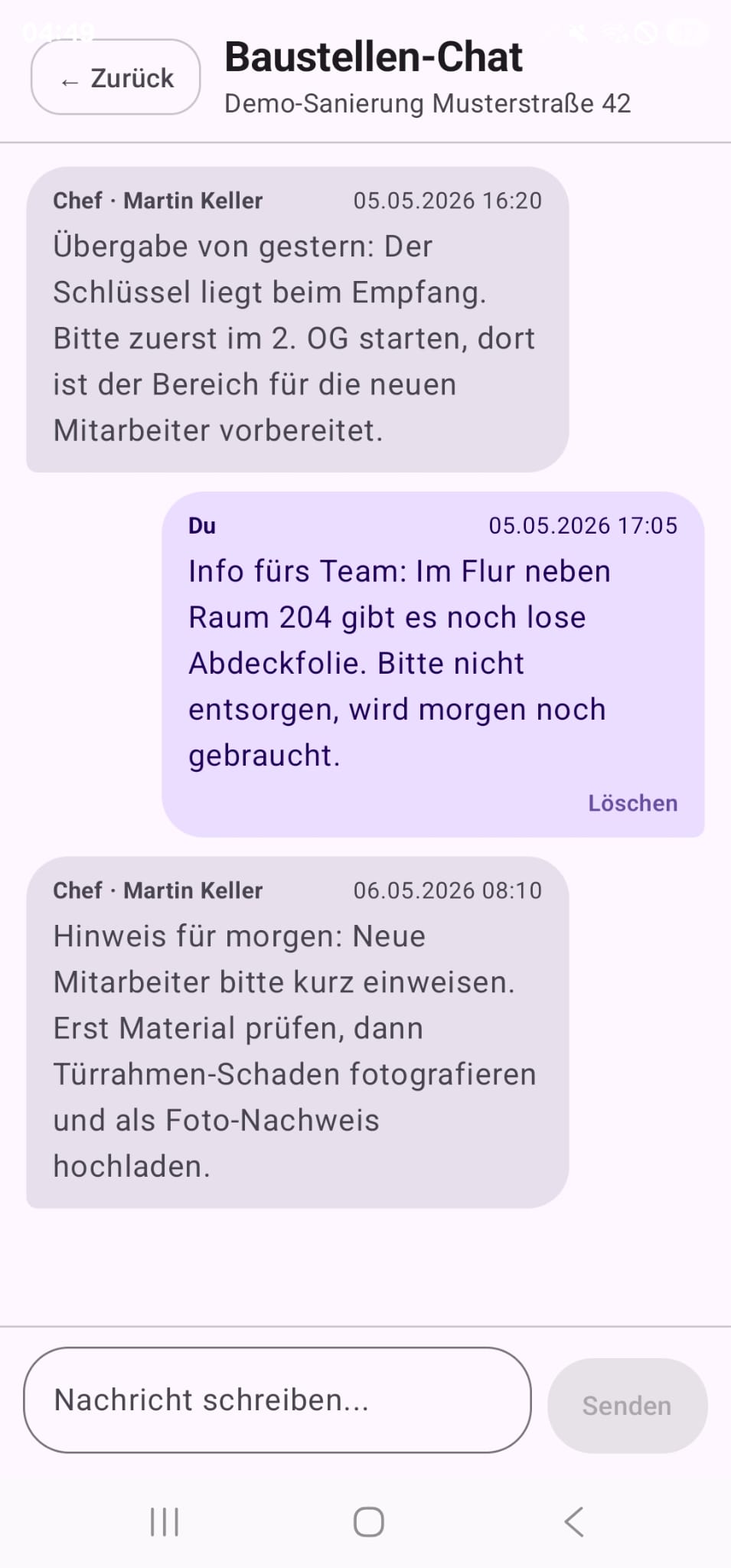 Mitarbeiter-App Baustellen-Chat mit Übergaben