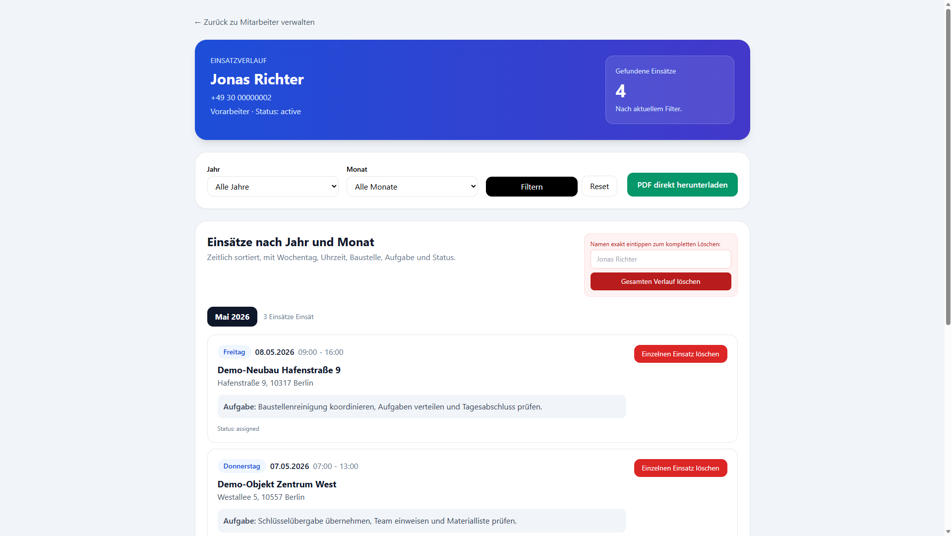 Chef-Webpanel Mitarbeiter Einsatzverlauf mit Filtern und PDF Export