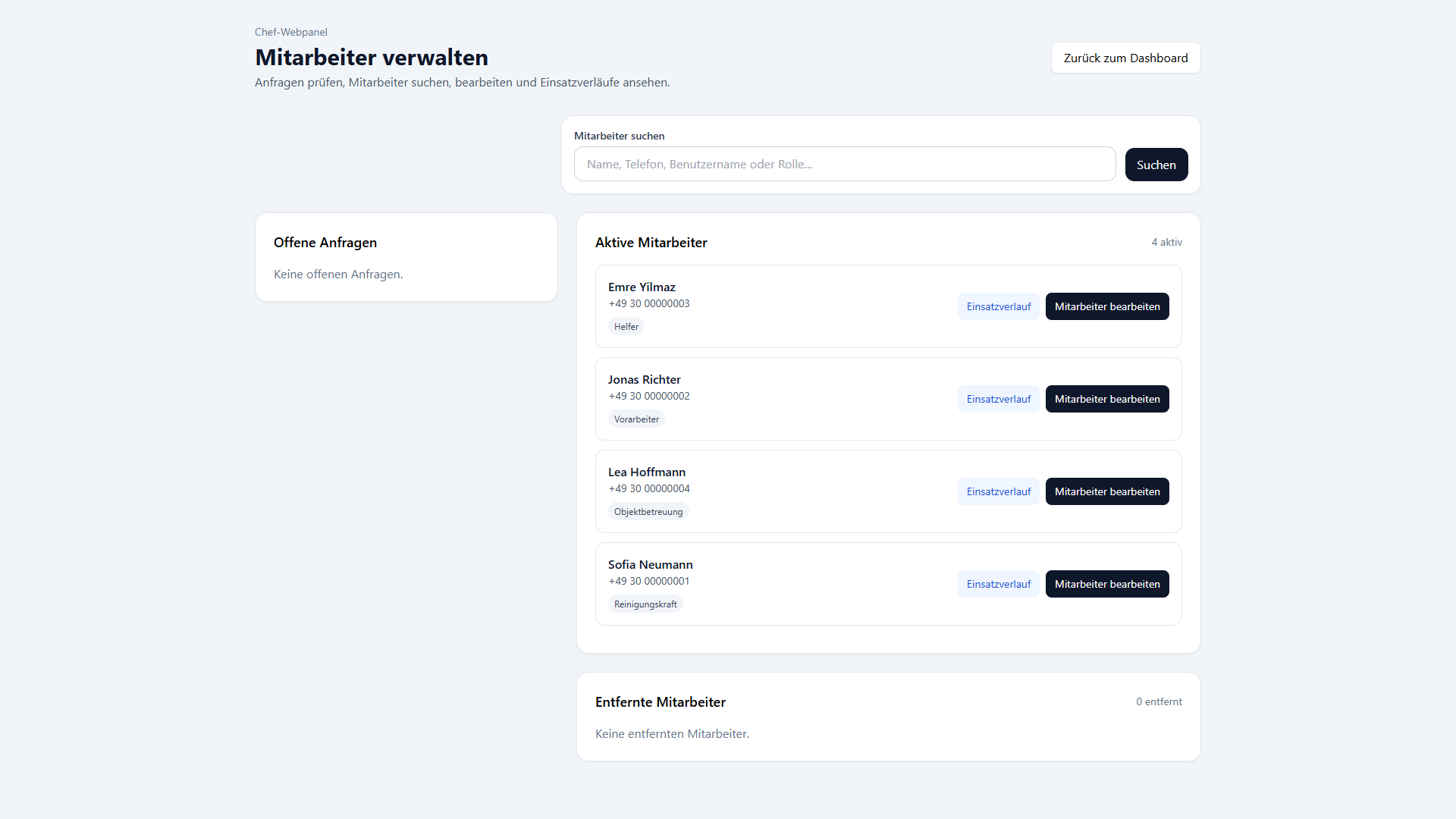Chef-Webpanel Mitarbeiter verwalten mit offenen Anfragen und aktiven Mitarbeitern