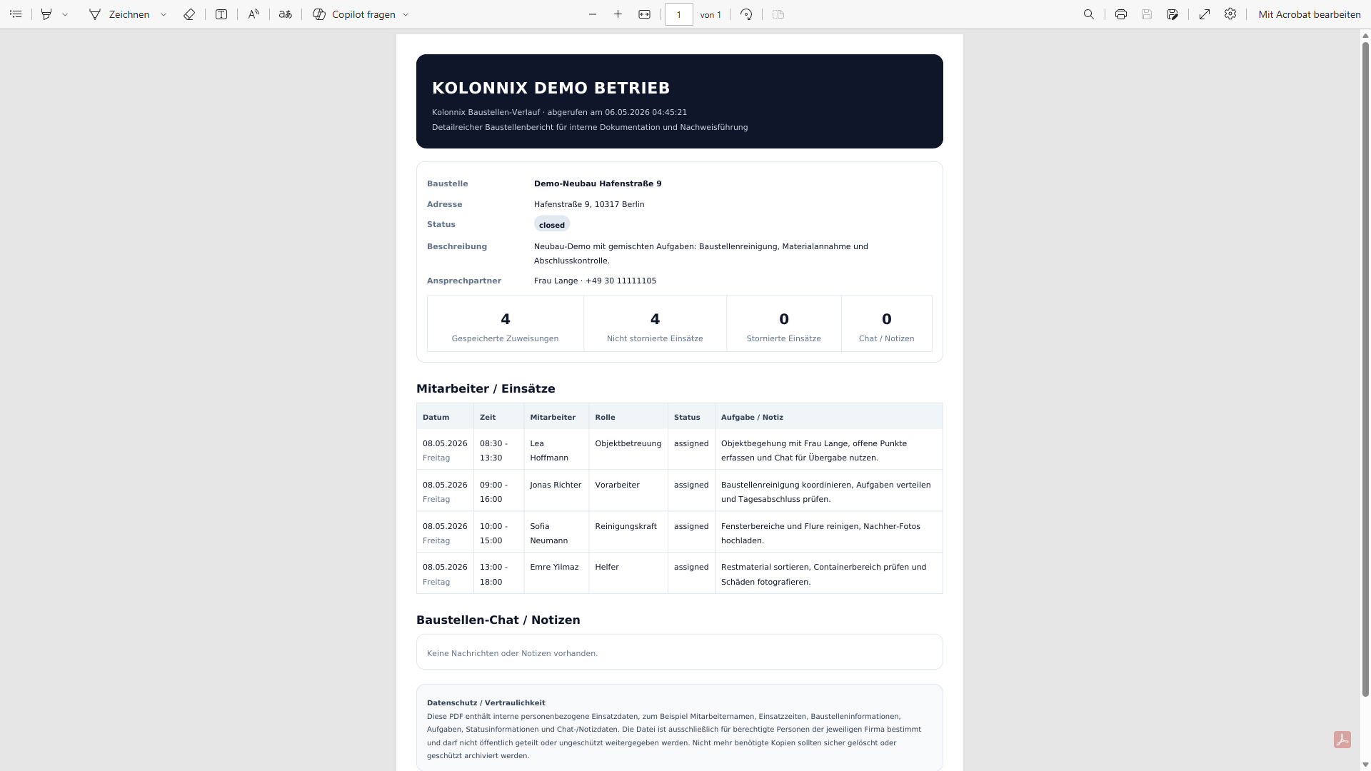 PDF-Export und Baustellenbericht